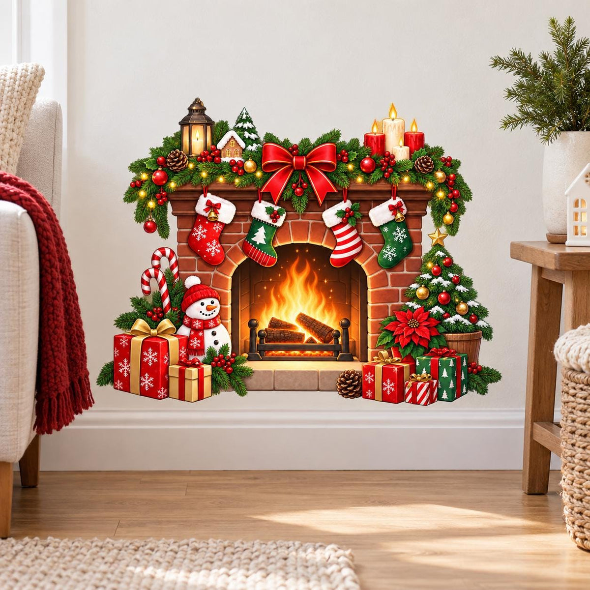 Christmas Fireplace Wall Decal | Holiday Mantel Wall Sticker | Stockings & Gifts Decor | Cozy Xmas Living Room Wall Art | Fireplace Wall Art