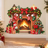 Illustrated Christmas brick fireplace with four stockings, garland, a red bow, candles, gifts, a snowman and a small tree.