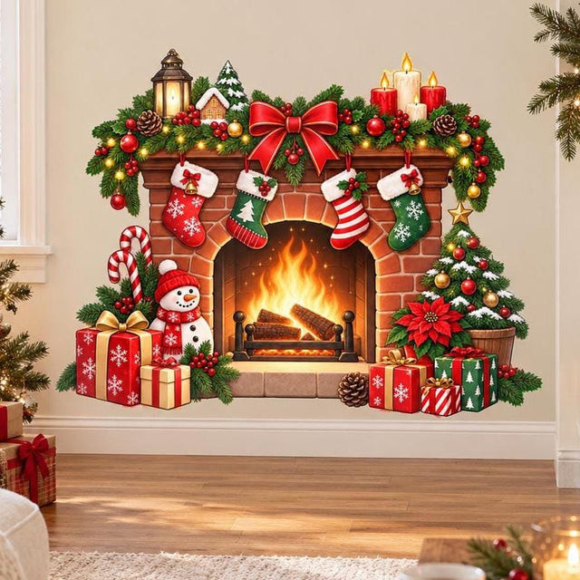Illustrated Christmas brick fireplace with four stockings, garland, a red bow, candles, gifts, a snowman and a small tree.