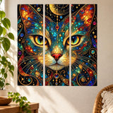 Cat with golden green eyes in a jewel toned stained glass style triptych, surrounded by stars and planets on a dark background.
