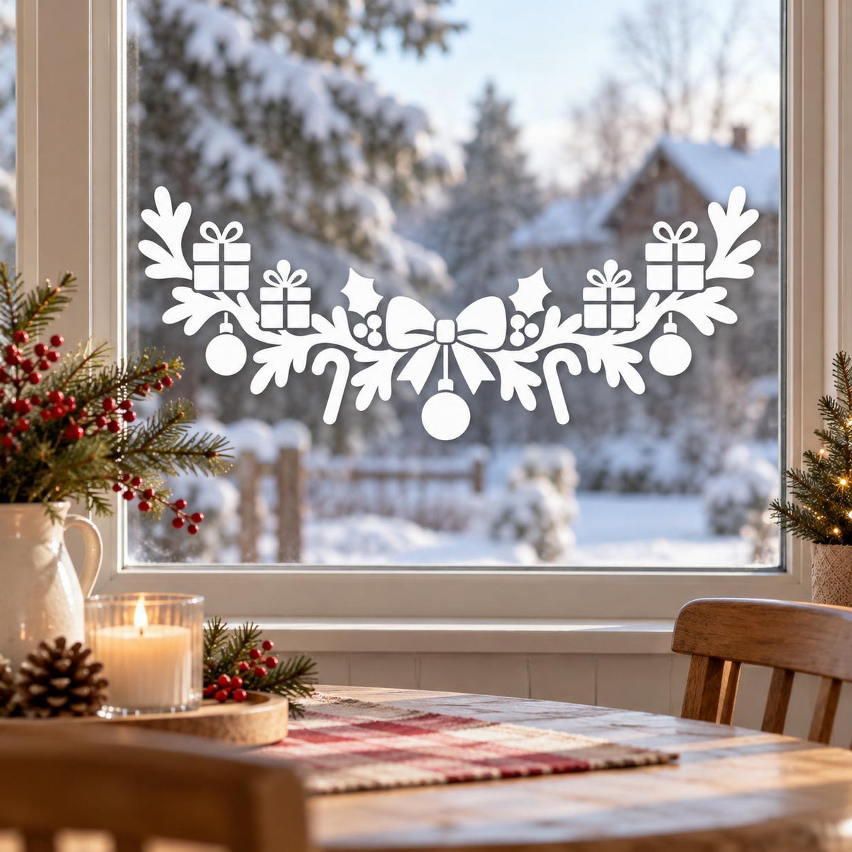 White Christmas Window Decal with Bow, Gifts and Ornaments | Holiday Kitchen Window Decor | Vinyl Window Sticker | Winter Home Window Decor