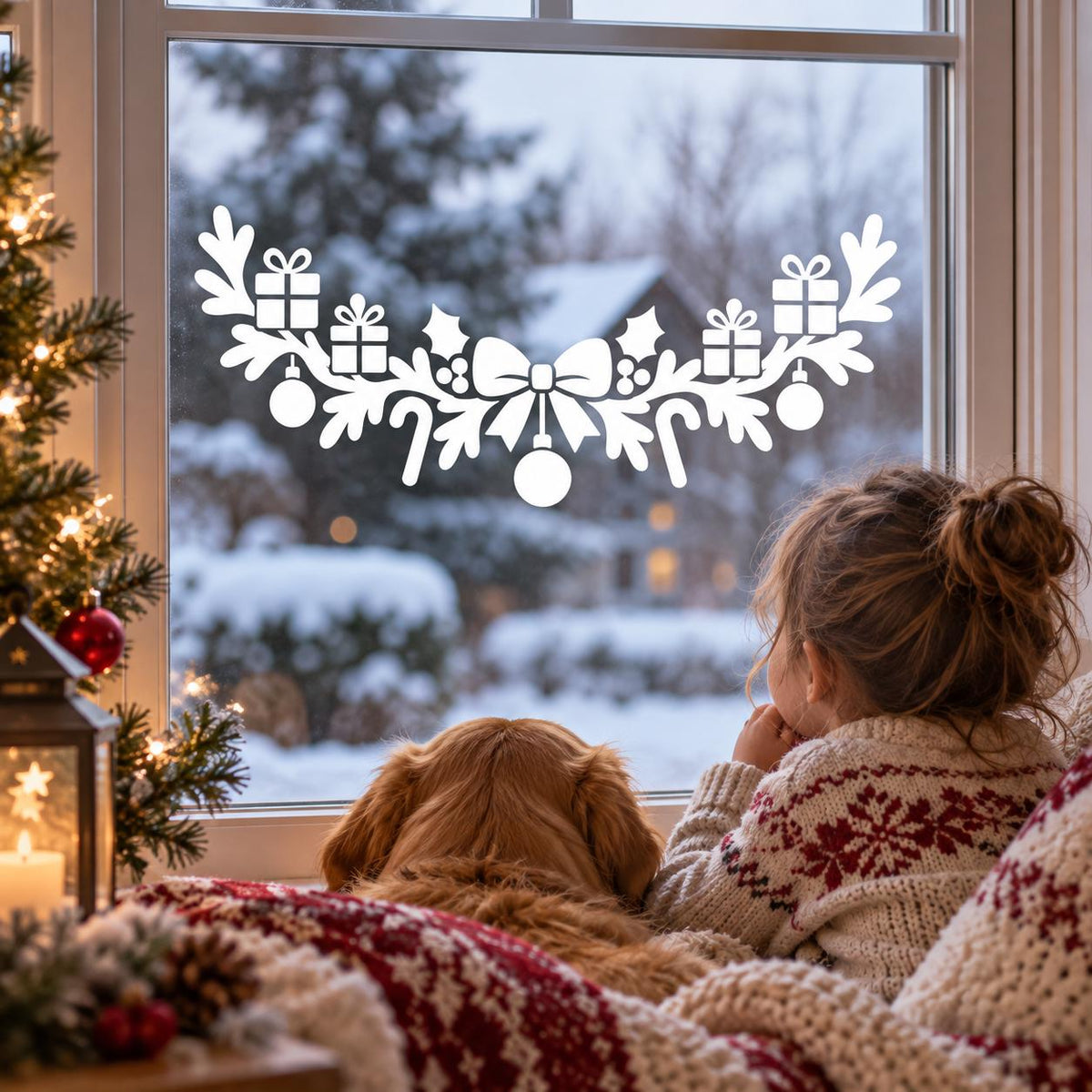 White Christmas Window Decal with Bow, Gifts and Ornaments | Holiday Kitchen Window Decor | Vinyl Window Sticker | Winter Home Window Decor