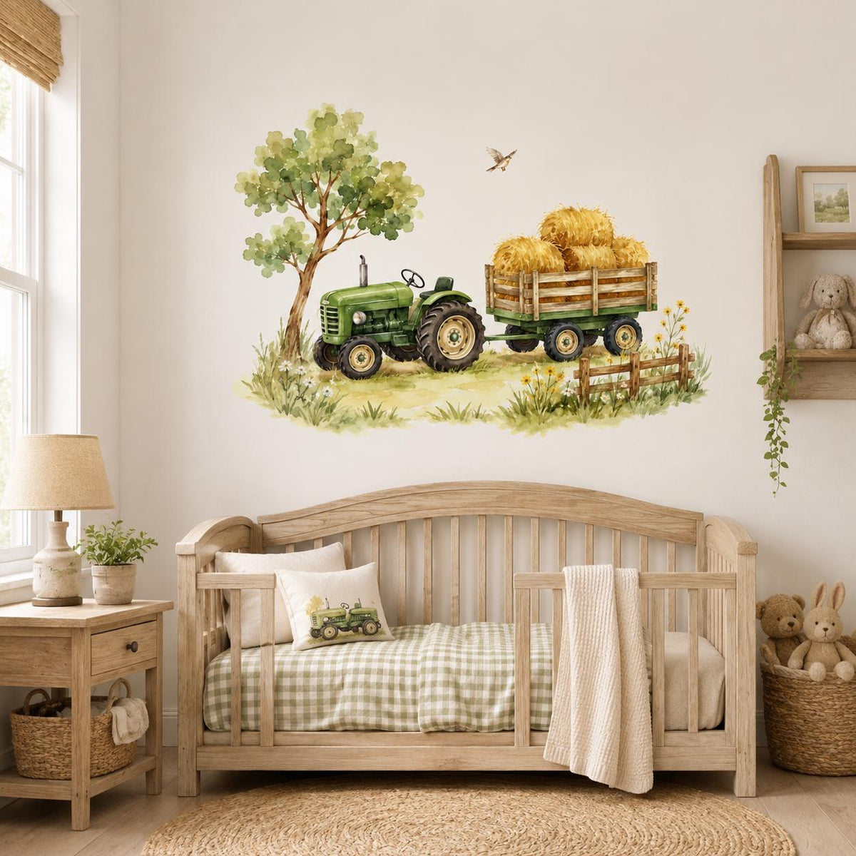 Watercolor Tractor and Hay Bale Wall Decal | Farm Nursery Decor | Rustic Kids Room Vinyl Sticker | Country Playroom Decor | Farm Wall Mural