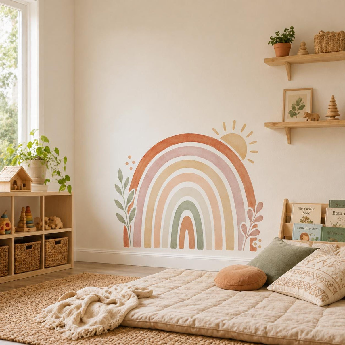 Boho Rainbow Wall Decal Sun and Botanical Leaves | Earth Tone Nursery Wall Decor | Gender Neutral Kids Room Mural | Watercolor Vinyl Decal