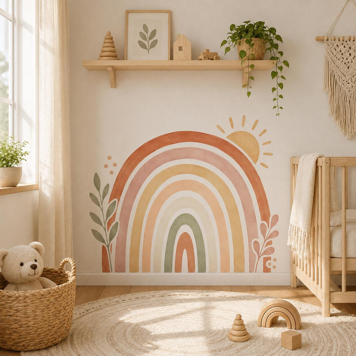 Boho Rainbow Wall Decal Sun and Botanical Leaves | Earth Tone Nursery Wall Decor | Gender Neutral Kids Room Mural | Watercolor Vinyl Decal