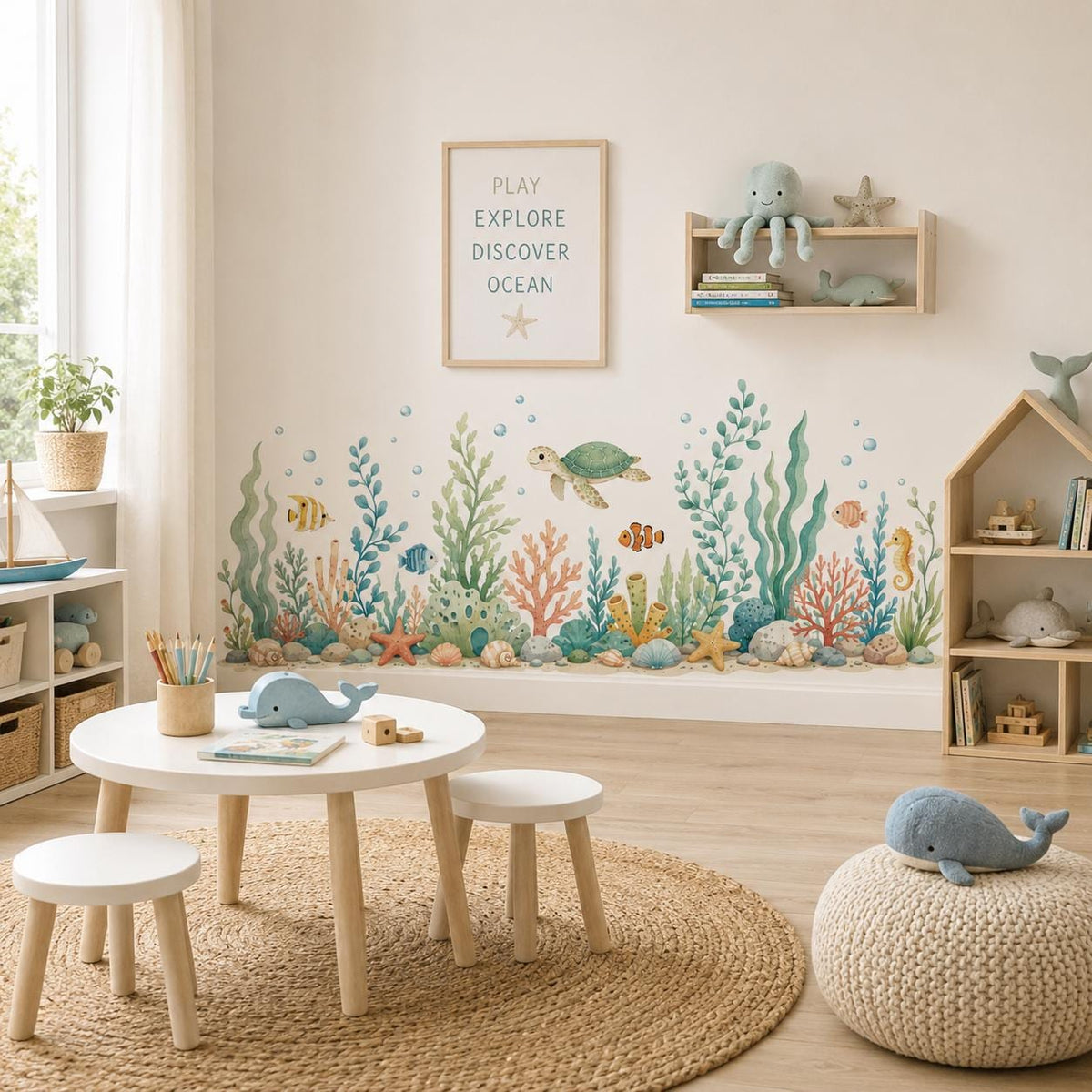 Watercolor Ocean Wall Decal with Sea Turtle and Fish | Underwater Nursery Wall Sticker | Coral Reef Kids Room Decor | Vinyl | Coral Reef Art