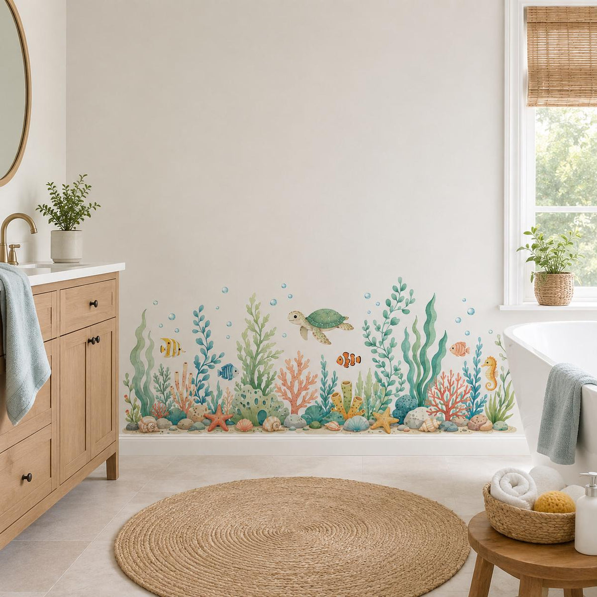Watercolor Ocean Wall Decal with Sea Turtle and Fish | Underwater Nursery Wall Sticker | Coral Reef Kids Room Decor | Vinyl | Coral Reef Art