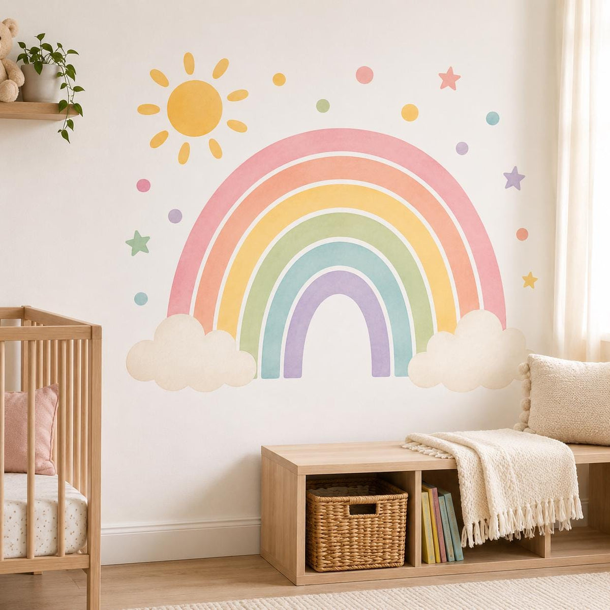 Pastel Rainbow Wall Decal with Clouds Sun and Stars | Watercolor Nursery Wall Sticker | Kids Room Vinyl Decor | Gender Neutral Nursery Decor
