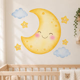 Smiling golden crescent moon with rosy cheeks, four cheerful yellow stars and two pale blue clouds.