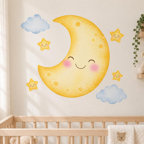 Smiling golden crescent moon with rosy cheeks, four cheerful yellow stars and two pale blue clouds.