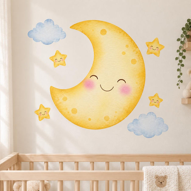 Smiling golden crescent moon with rosy cheeks, four cheerful yellow stars and two pale blue clouds.