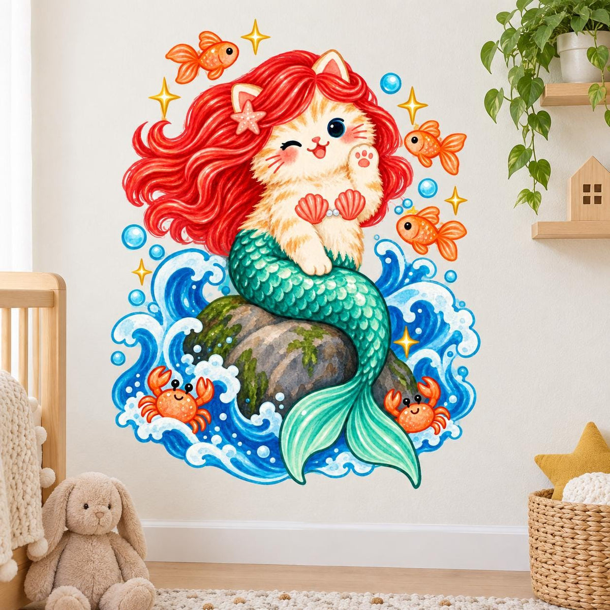 Cream mermaid cat with red hair and a turquoise-green tail on a rock, surrounded by blue waves, fish, crabs and bubbles.