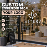 Custom storefront logo decal for shop glass, with printed artwork contour cut without a surrounding rectangular background.