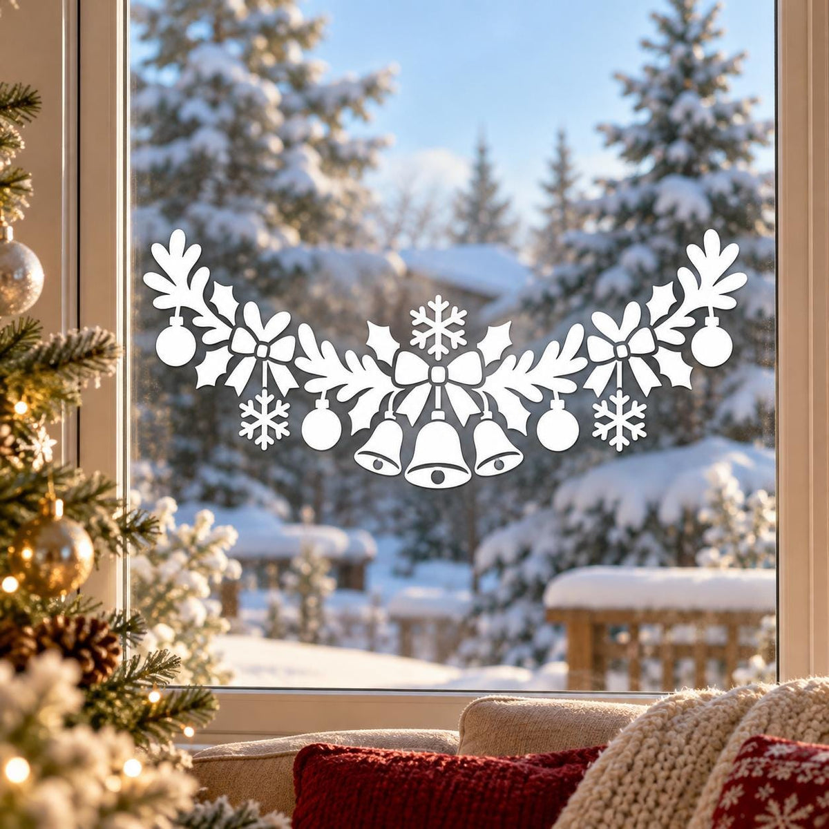 Christmas Bells Window Decal | White Holiday Garland Vinyl Sticker | Snowflake Ornament Glass Decor | Kitchen Window Decoration Festive