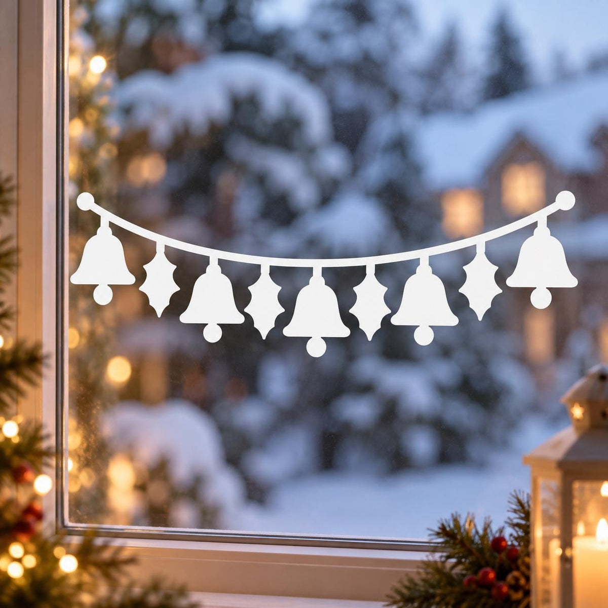 White vinyl window garland with five hanging bells and four holly leaves arranged along a gently curved line.
