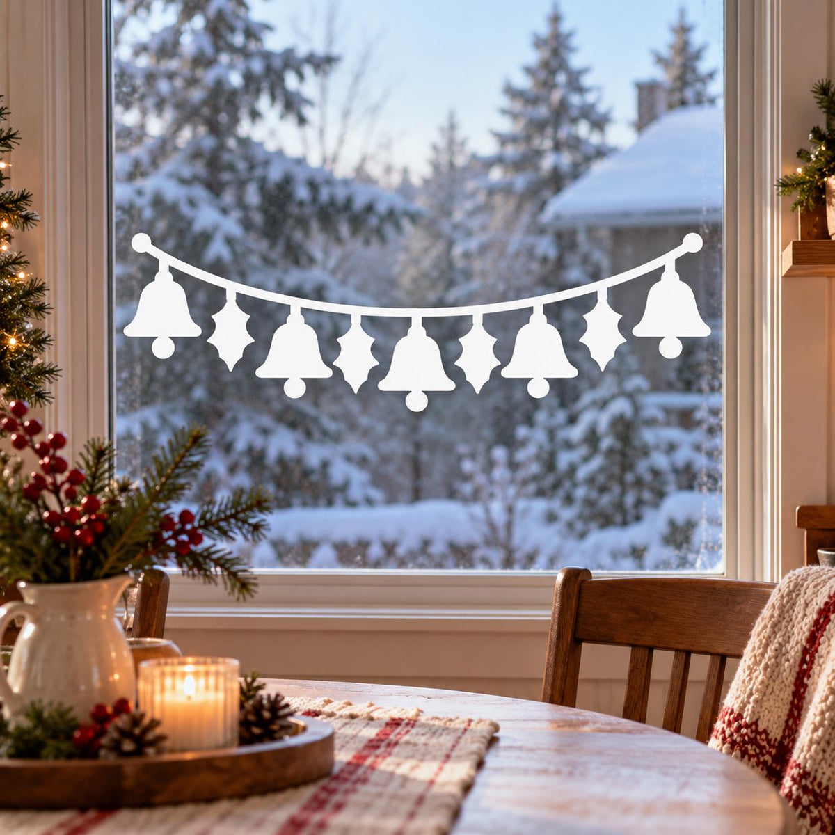 Christmas Bell and Holly Window Decal | White Vinyl Holiday Window Sticker | Minimalist Winter Decor | Festive Window Decor | Bell Garland