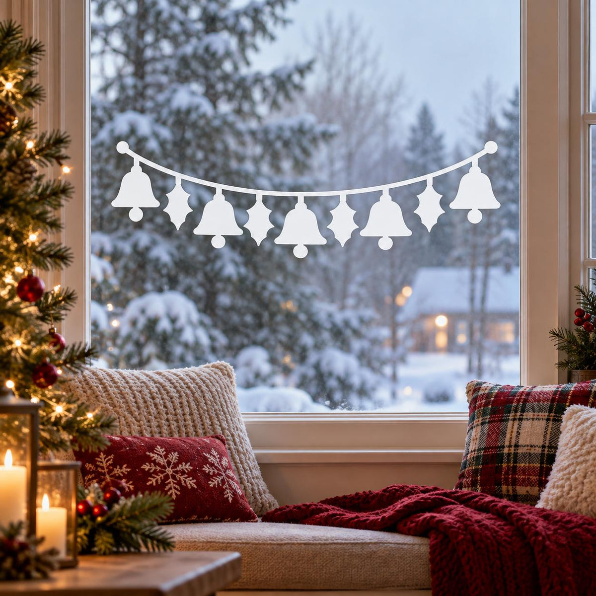 Christmas Bell and Holly Window Decal | White Vinyl Holiday Window Sticker | Minimalist Winter Decor | Festive Window Decor | Bell Garland