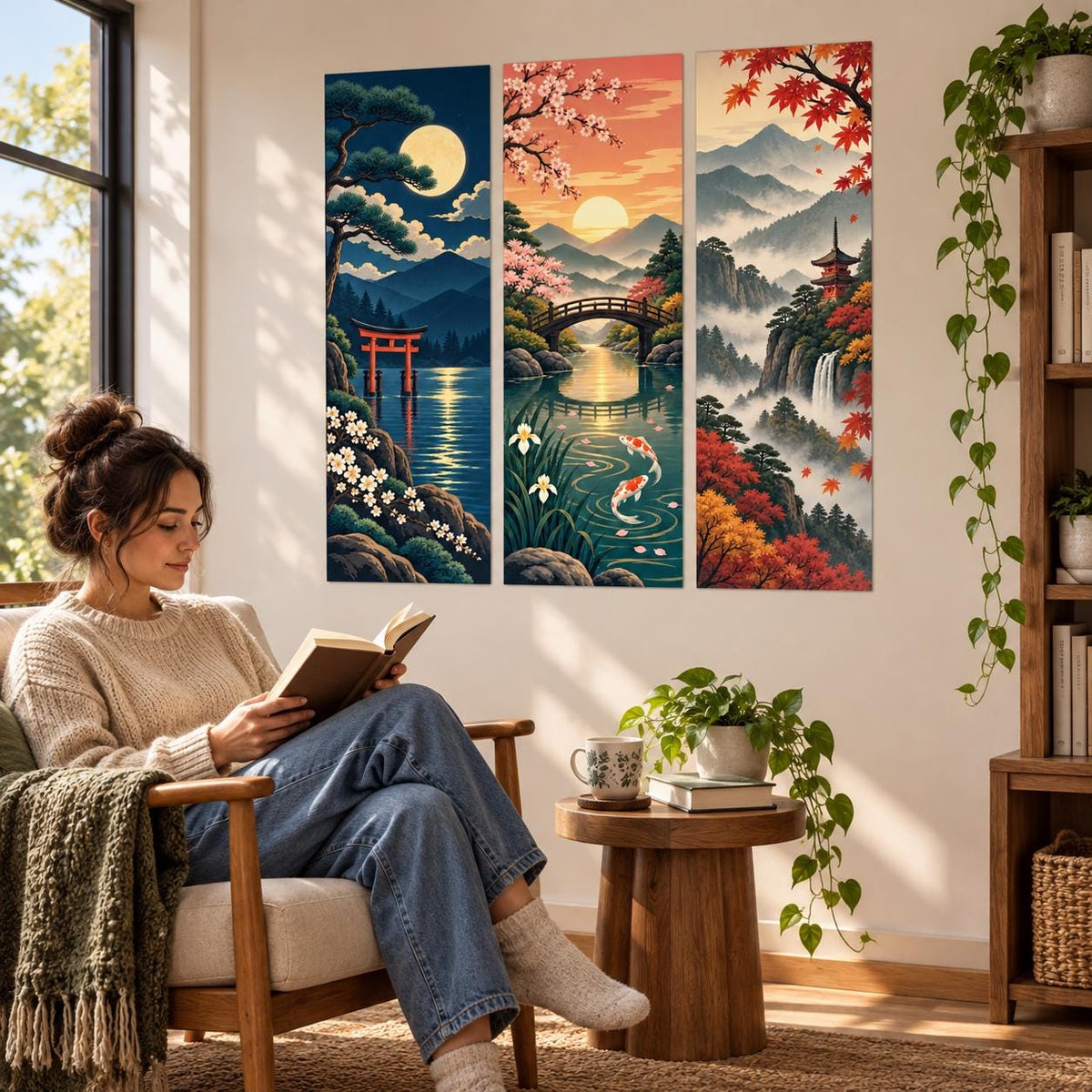 Asian landscape triptych wall art featuring a moonlit torii gate, koi fish and waterfall scenery.