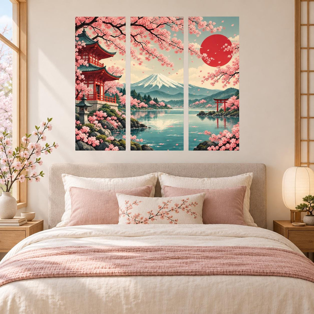 Japanese scenery wall sticker depicting Mount Fuji, a red torii gate, traditional pagoda and turquoise lake.