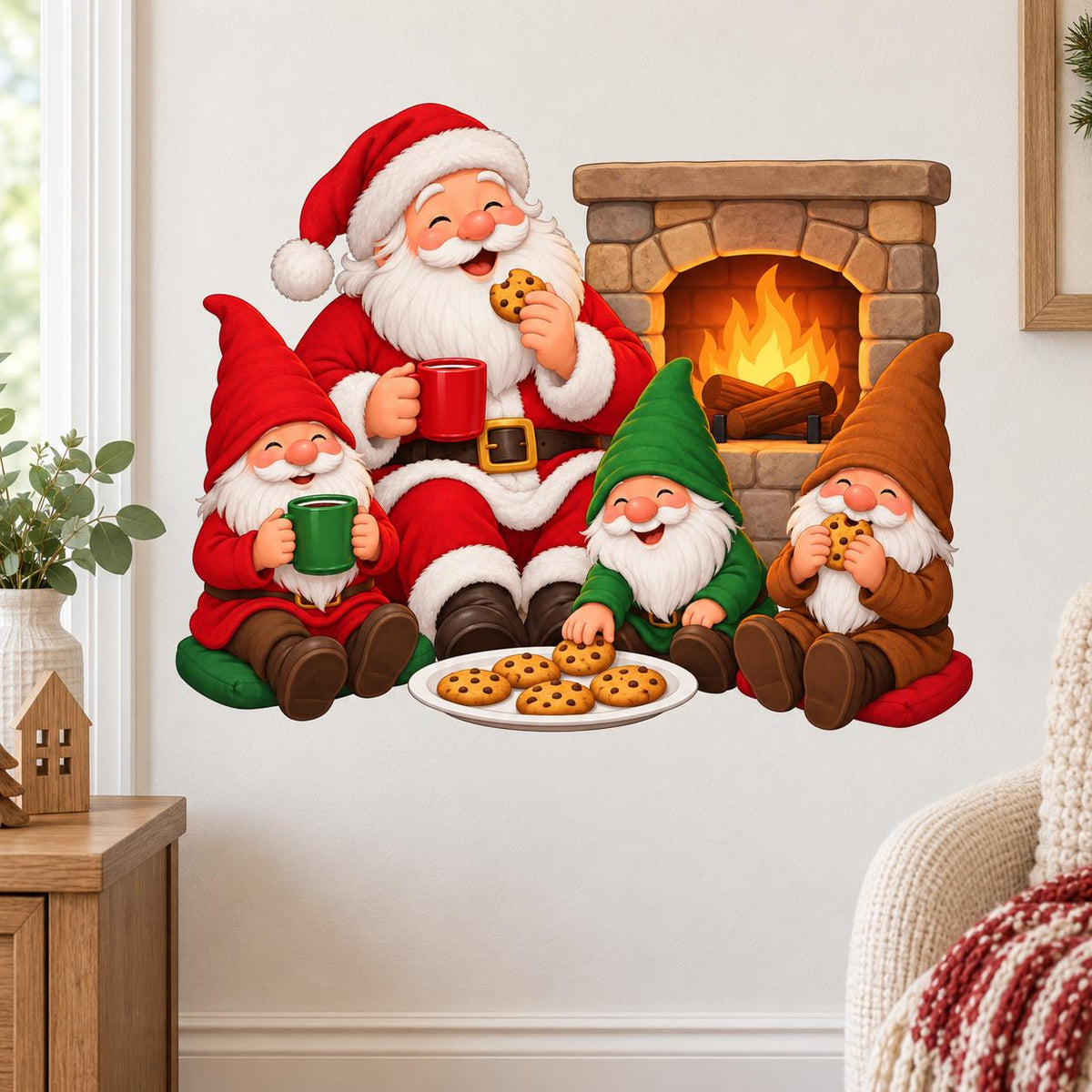 Santa and three Christmas gnomes beside an illustrated stone fireplace, with red and green mugs and chocolate chip cookies.