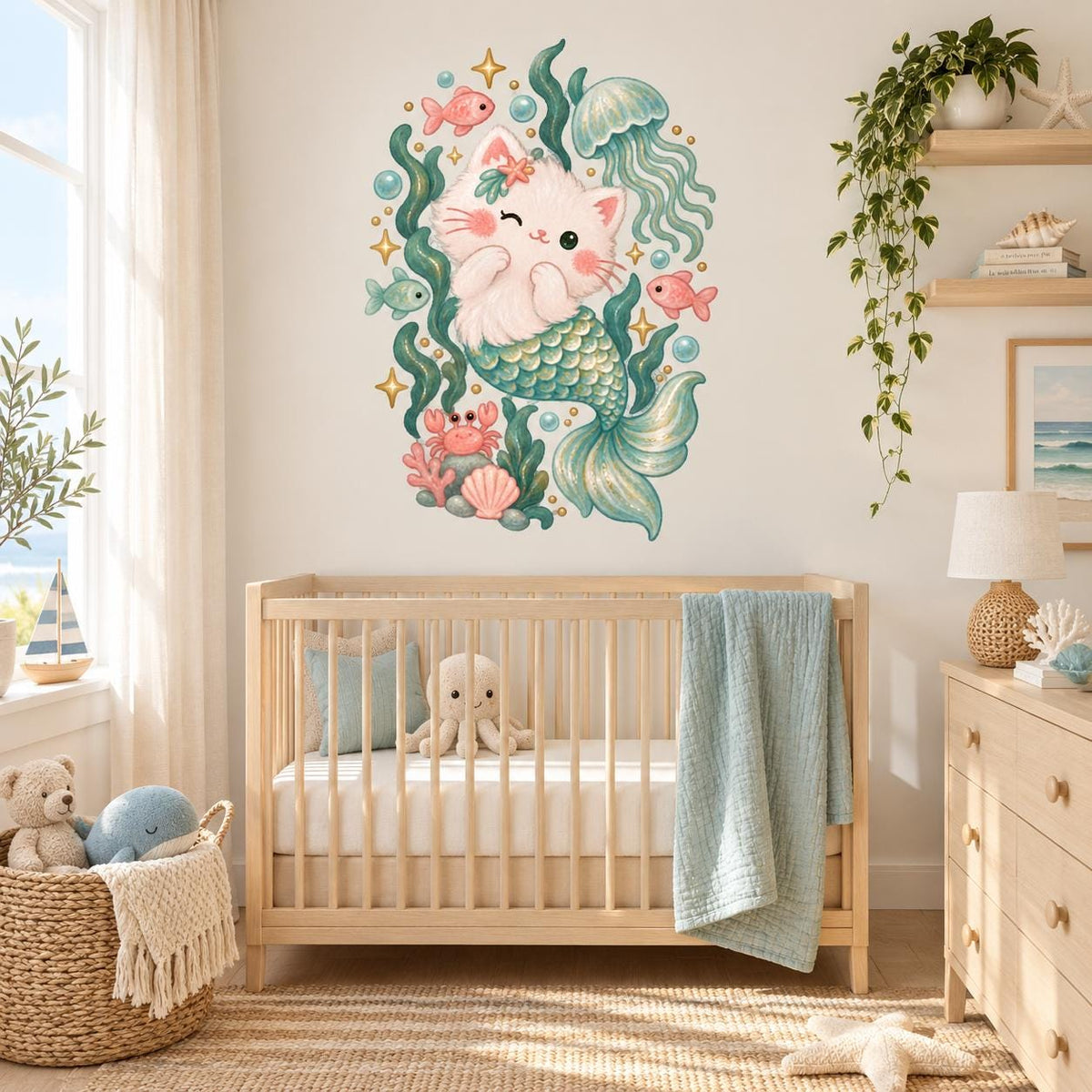 Cute mermaid cat wall sticker with a winking cream-colored kitten and teal tail near an aqua jellyfish.