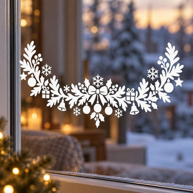 White Christmas window decal with an arched evergreen garland, central bow, hanging ornaments, gifts, bells and snowflakes.