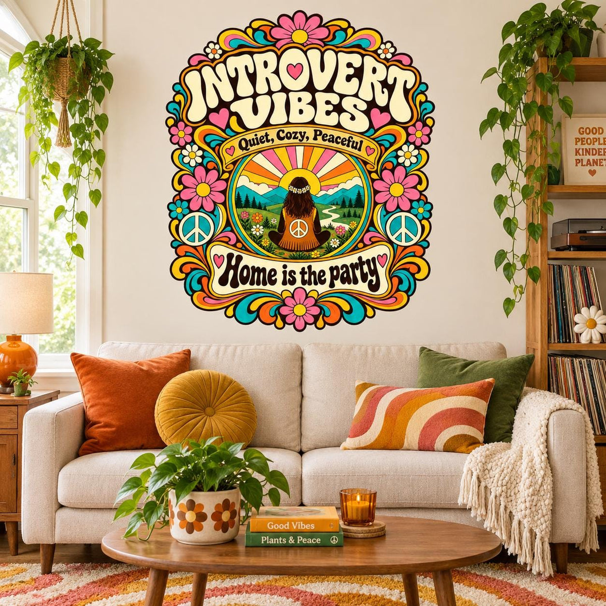 Groovy floral wall sticker reading Introvert Vibes, Quiet, Cozy, Peaceful and Home is the party.