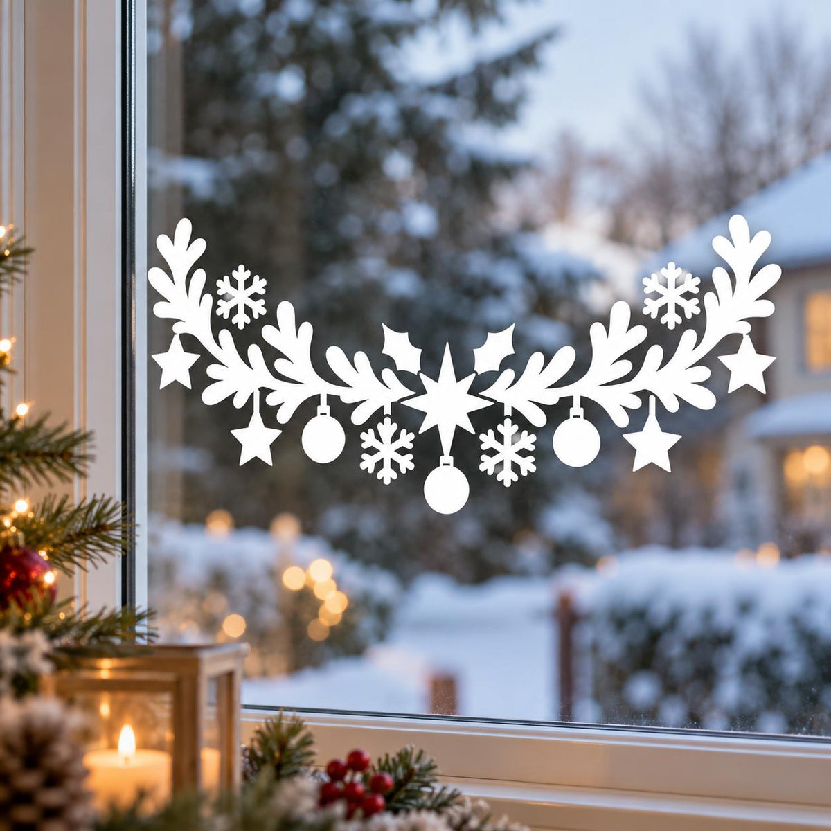 Christmas Garland Window Decal with Ornaments and Snowflakes | White Vinyl Wall Sticker | Scandinavian Winter Indoor Glass Window Decor