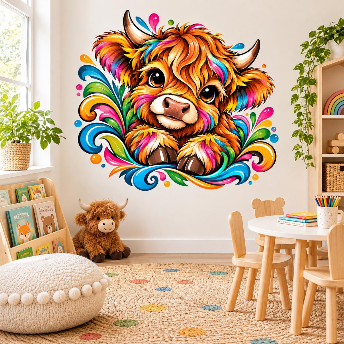 Highland cow nursery decal featuring a wide-eyed orange calf surrounded by bright multicolored swirls.