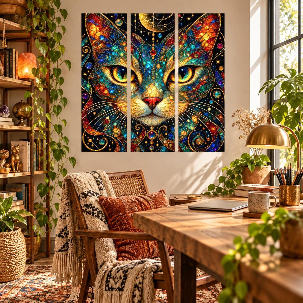 Cosmic cat wall decal in a three-panel stained glass design with jewel colors and night-sky details.