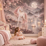 Unicorn Wall Mural Decal | Moonlit Pink Unicorn Vinyl Wall Decor | Cherry Blossom Nursery Decor | Girls Bedroom Fantasy Mural Celestial