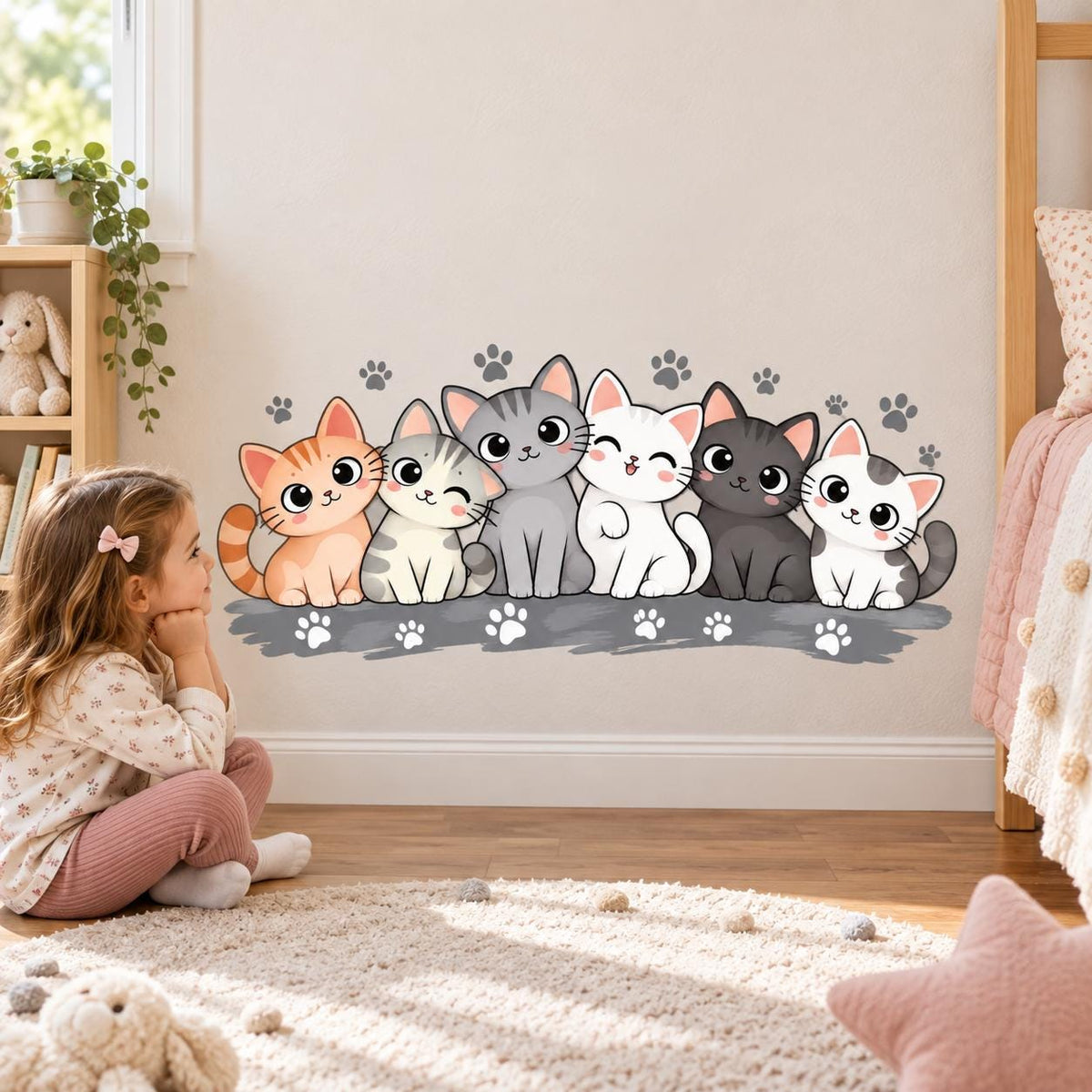 Playful kitten wall decal featuring a row of six colorful cartoon cats and small gray paw prints.