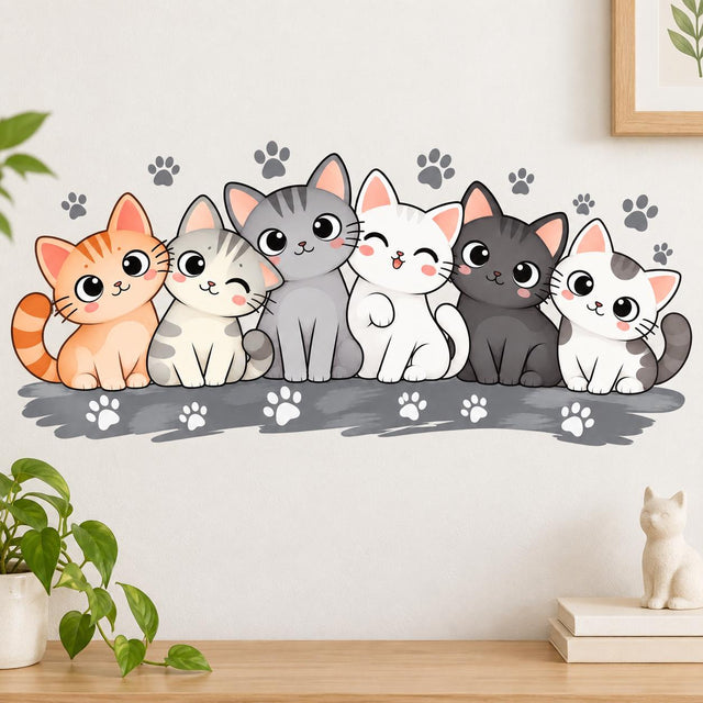 Six cartoon cats with orange, cream, gray, charcoal and white coats, seated in a row with gray paw prints around them.