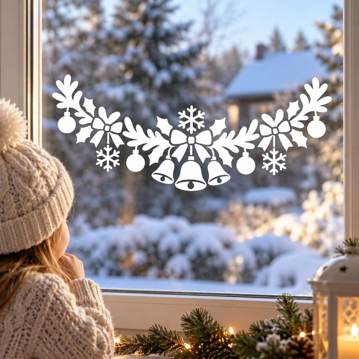 Christmas Bells Window Decal | White Holiday Garland Vinyl Sticker | Snowflake Ornament Glass Decor | Kitchen Window Decoration Festive