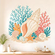 Cream spiral seashell surrounded by turquoise and coral branches, an orange starfish, smaller shells and sandy seabed details.