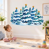 Winter tree wall art depicting snowy blue and teal evergreens, berry branches and small gold-colored stars.