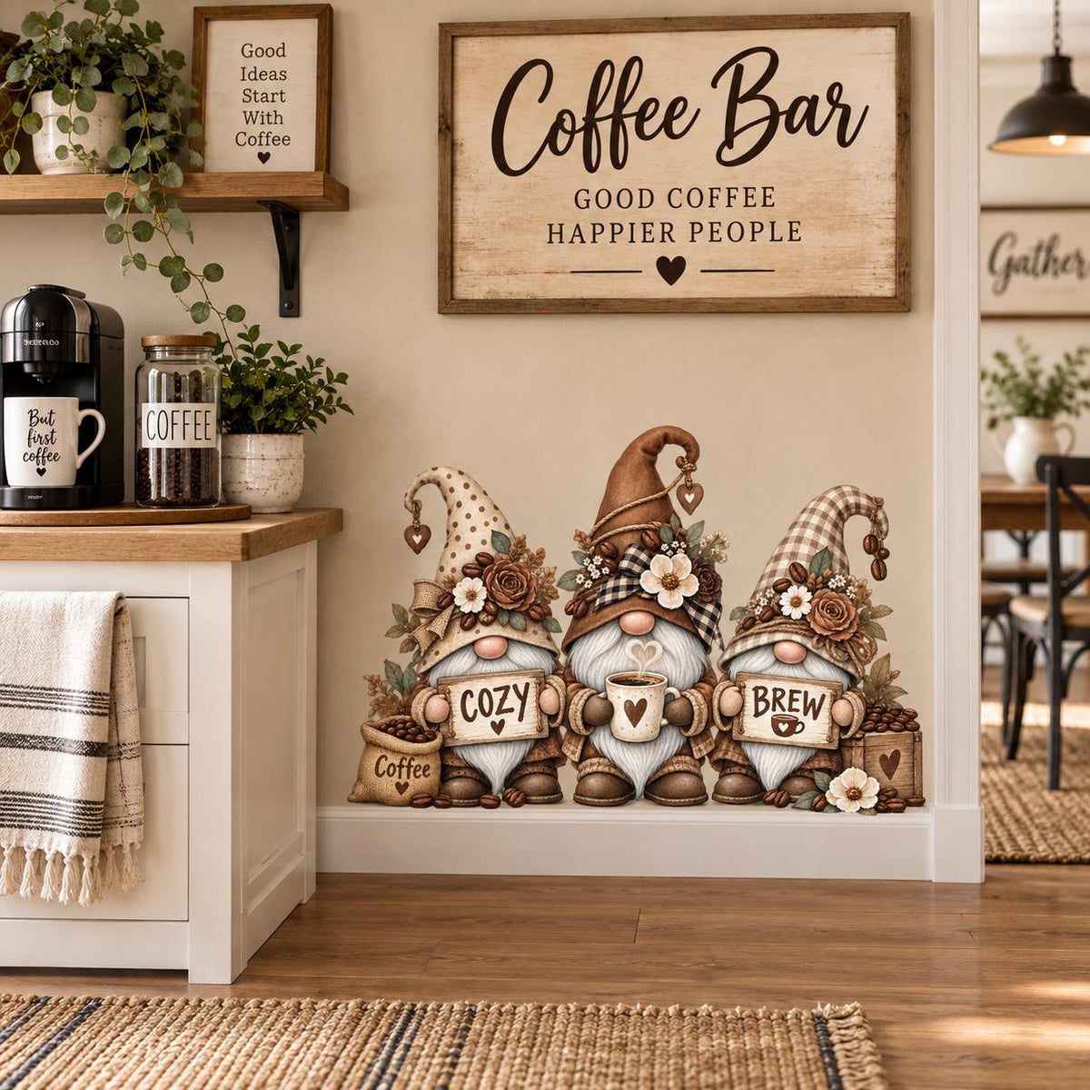 Coffee Gnome Wall Decal | Vinyl Kitchen Coffee Station Decor | Rustic Farmhouse Coffee Bar Wall Sticker | Cozy Cottage Kitchen Decor Art