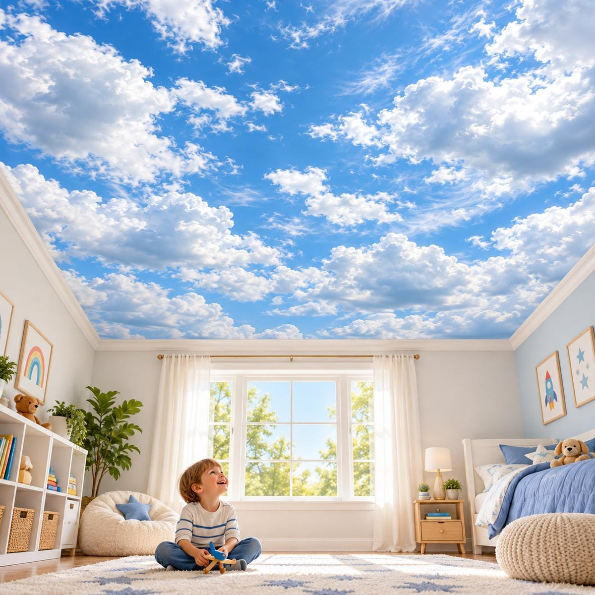 Blue Sky Clouds Ceiling Wall Decal | Realistic Cloud Ceiling Mural | Vinyl Bedroom Decor | Nursery and Kids Room Decor | Sky Wallpaper Look