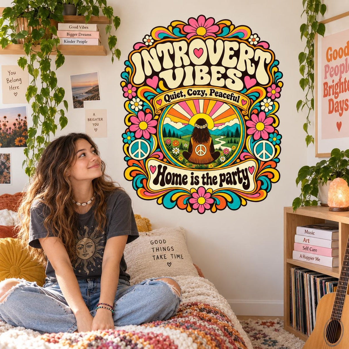Homebody quote wall decal featuring the phrase Home is the party, retro flowers and a mountain motif.