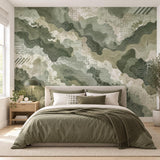Green Abstract Camouflage Wallpaper | Topographic Map Wall Mural | Self Adhesive Vinyl | Teen Bedroom Feature Wall | Earth Tone Camo Decor