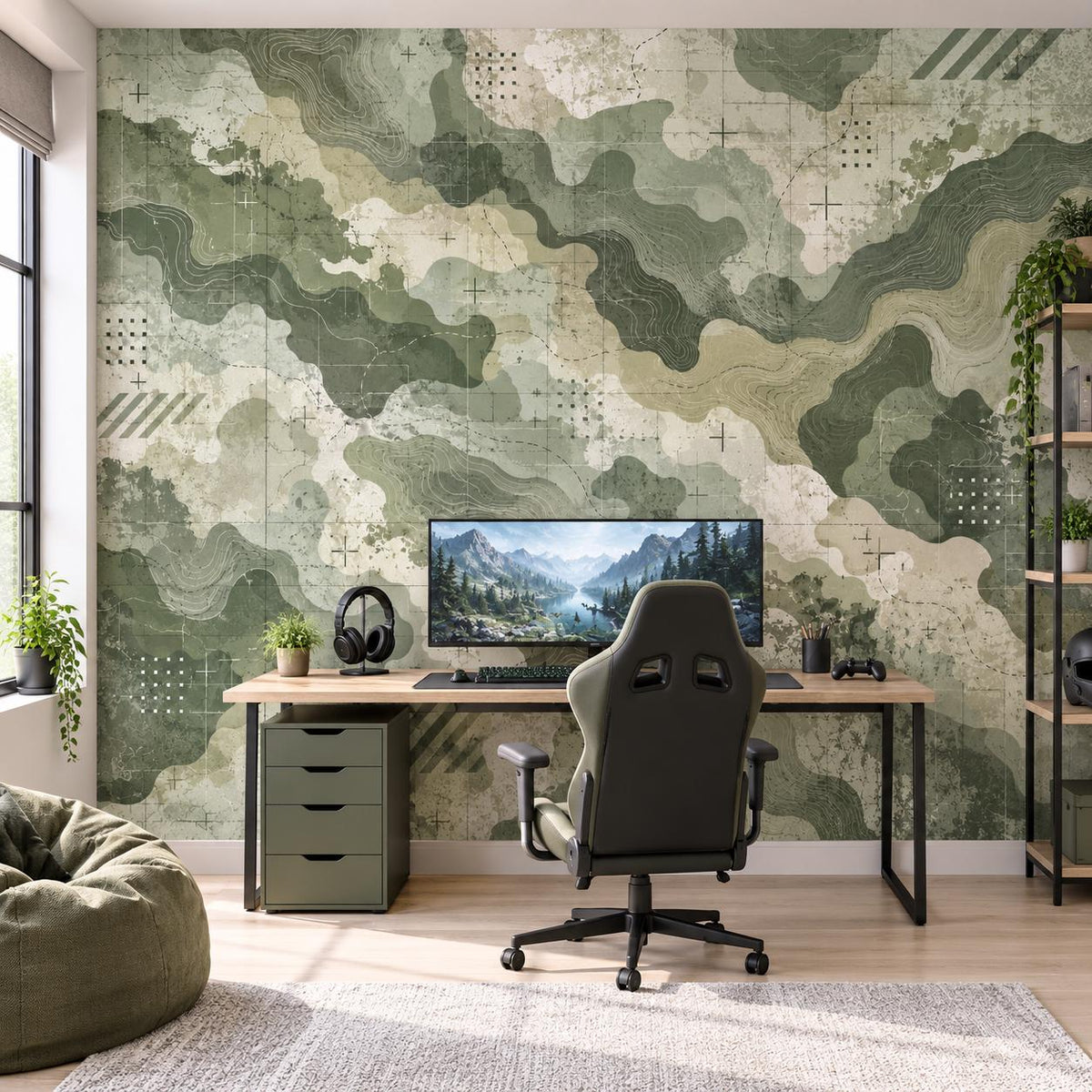 Green Abstract Camouflage Wallpaper | Topographic Map Wall Mural | Self Adhesive Vinyl | Teen Bedroom Feature Wall | Earth Tone Camo Decor