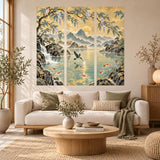 Asian landscape wall mural with a golden sun, cascading waterfalls and a koi-filled lake across three panels.