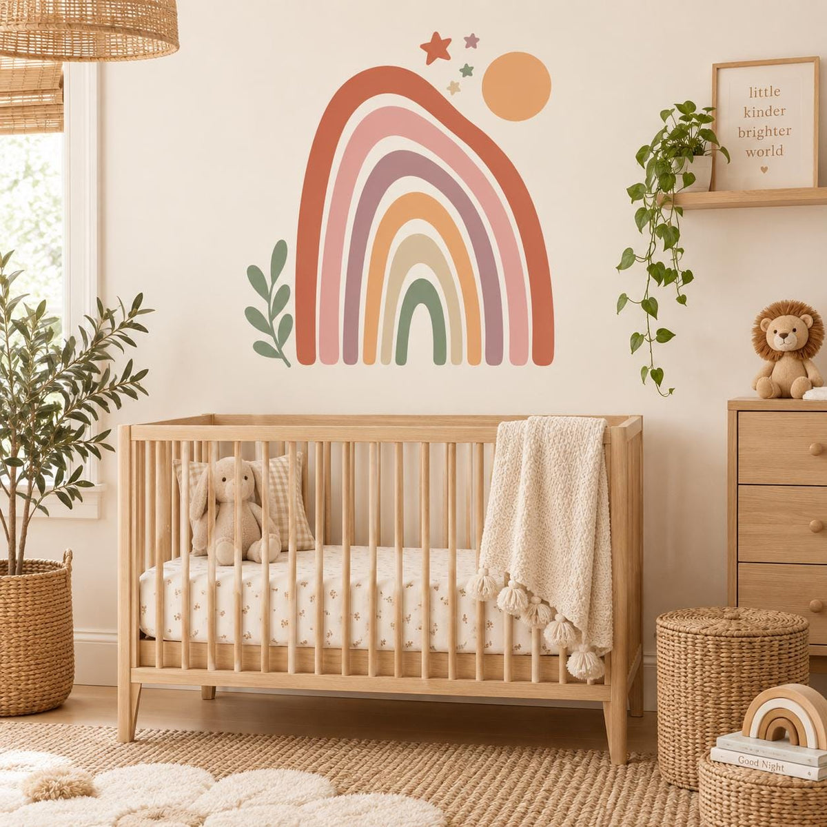 Boho Rainbow Wall Decal | Earth Tone Nursery Wall Decor | Retro Sun and Stars Vinyl Wall Sticker | Gender Neutral Baby Room Decor | Playroom