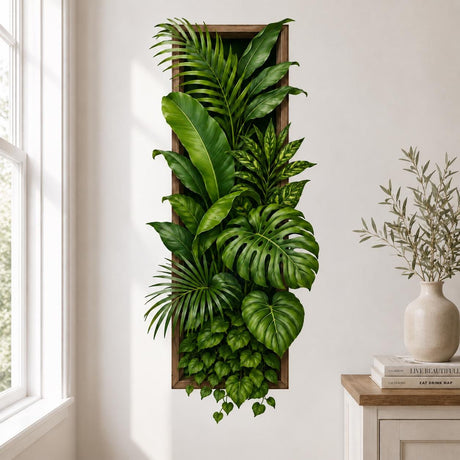 Tropical botanical wall decal showing dense green leaves extending beyond a printed dark wood look rectangular frame.
