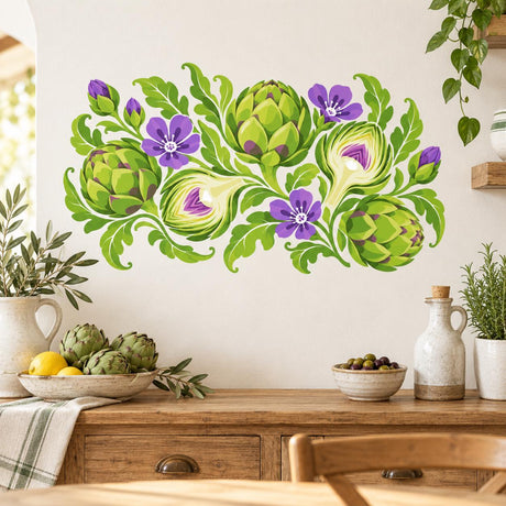 Artichoke botanical wall decal with colorful vegetable blooms, curling green stems, buds and purple flowers.