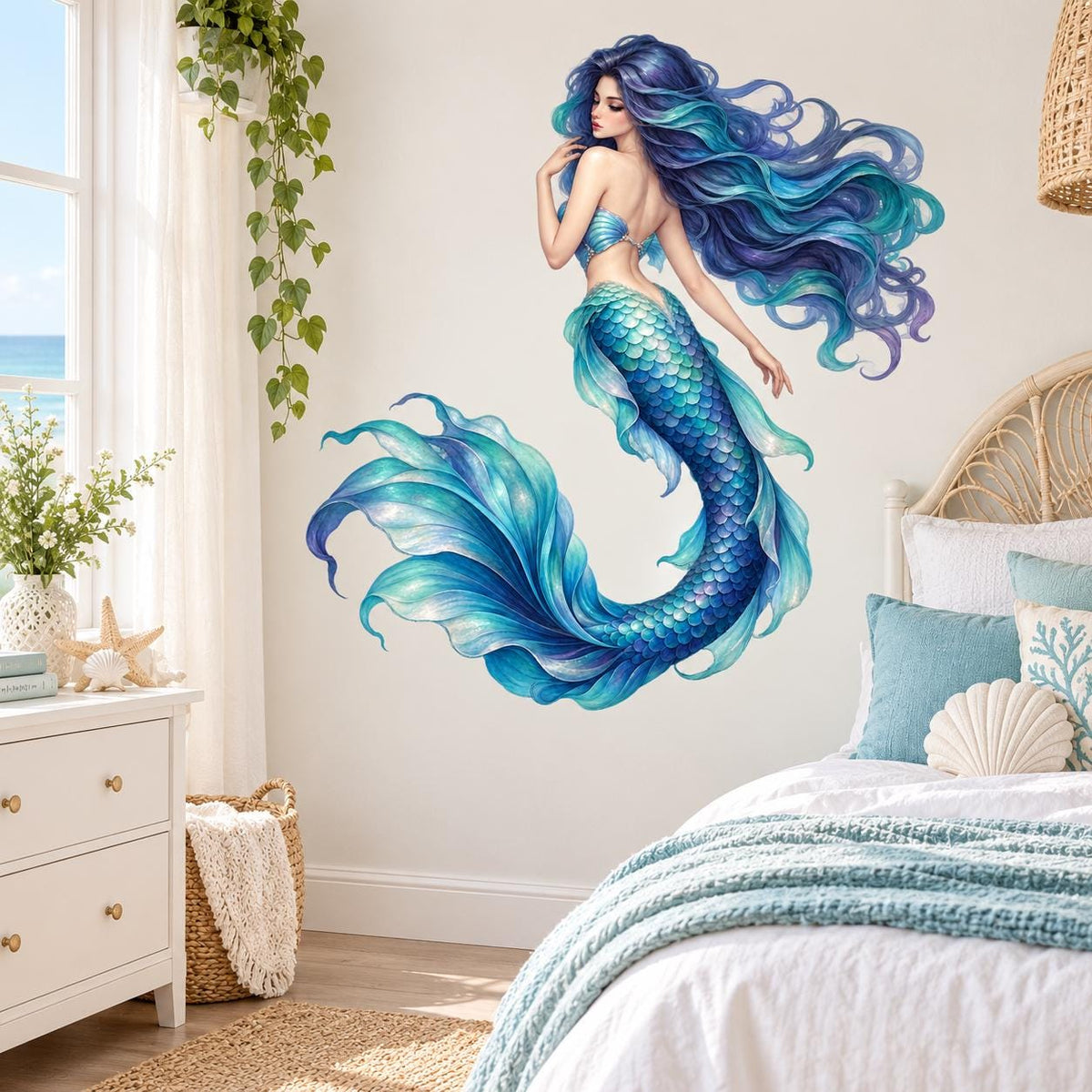 Blue and turquoise mermaid in profile with flowing hair, a scaled curved tail and pale fin highlights on a bedroom wall.