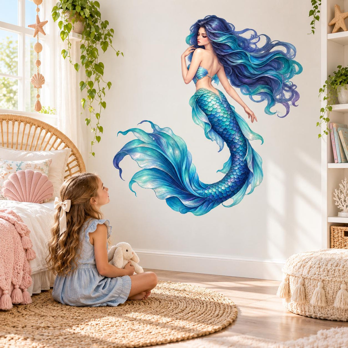 Blue and teal mermaid wall sticker with long flowing hair and curled tail above a child in a coastal-themed bedroom.