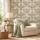 Pink Rose Floral Plaid Wallpaper | Self Adhesive Vinyl Wall Mural | Cottage Kitchen Decor | Vintage English Country Pattern | Sage Green