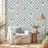 Blue Botanical Checkered Wallpaper | Self Adhesive Vinyl Wall Mural | Cottage Dining Room Decor | Watercolor Check Pattern | Wall Accent