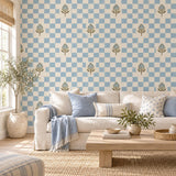 Blue Botanical Checkered Wallpaper | Self Adhesive Vinyl Wall Mural | Cottage Dining Room Decor | Watercolor Check Pattern | Wall Accent
